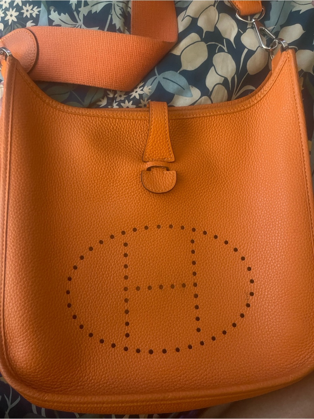 Orange Perforated Leather Shoulder Bag with Wide Strap